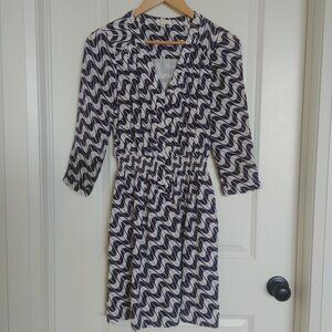 Shoshanna 100% silk dress white navy blue geometric pattern button down …